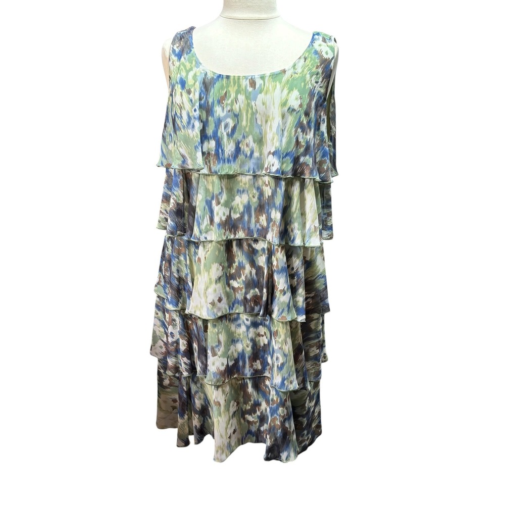Dressbarn‎ Woman Size 22 Green Blue Abstract Watercolor Tiered Ruffle Dress #195